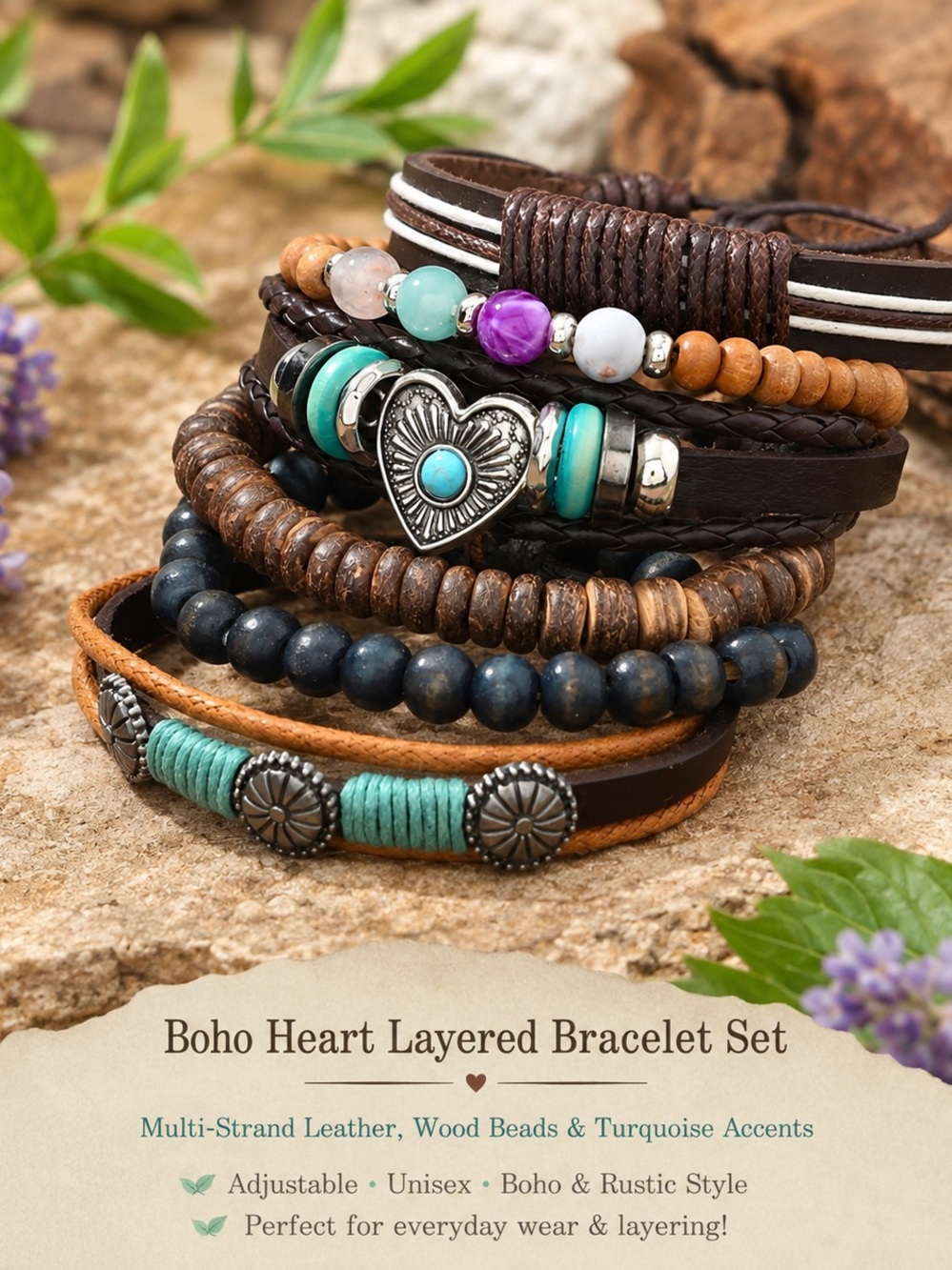 Boho Turquoise & Brown Layered Bracelet Set | Leather, Wood & Beaded Stack